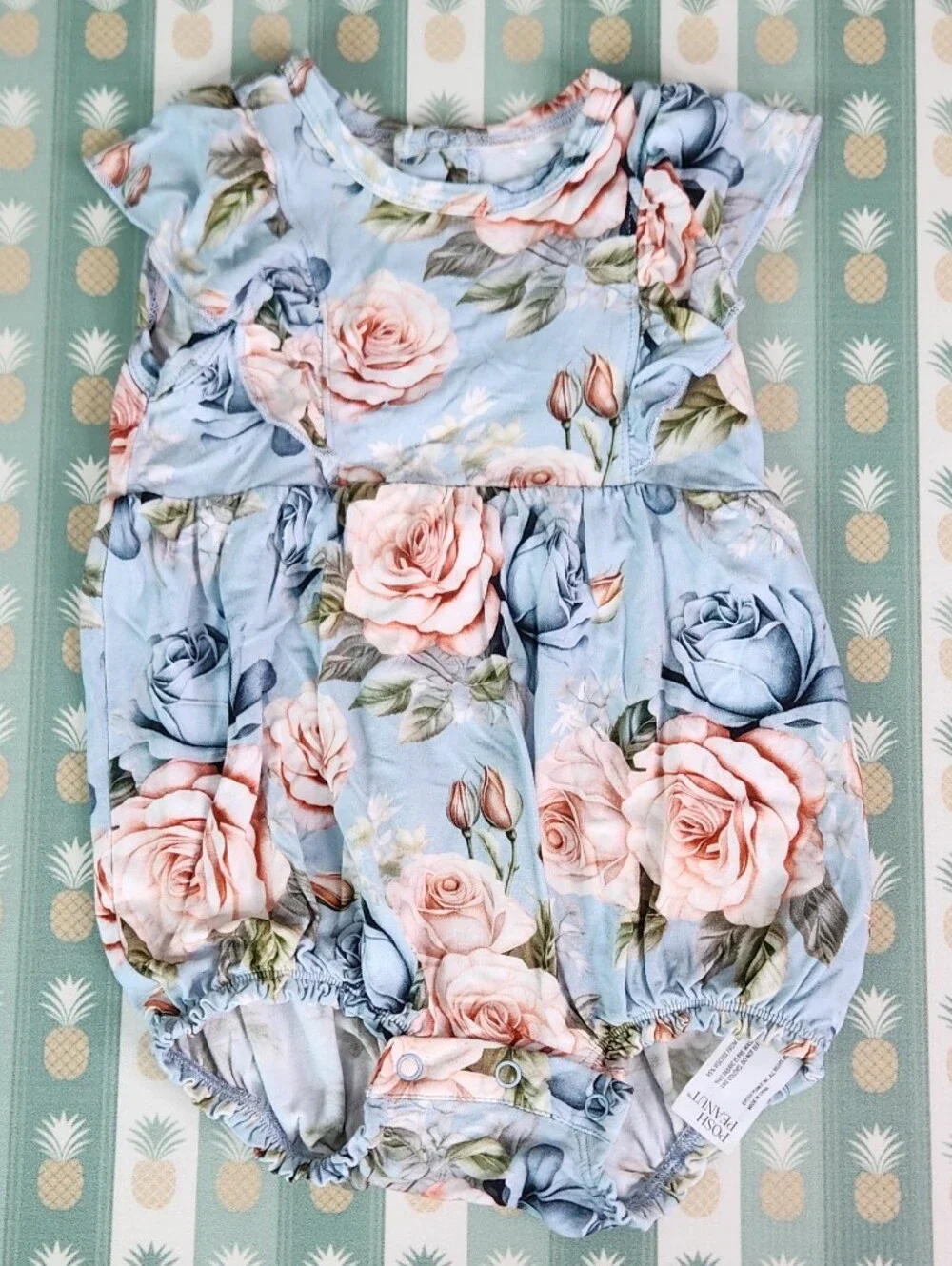 Posh Peanut Blue Floral Baby Romper with Pink Roses
